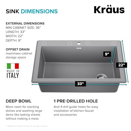 KRAUS Forteza 33-inch Drop In/Undermount Single Bowl Granite Kitchen Sink in Grey, KGD-54GREY