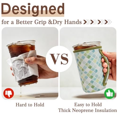 Image of KJQJLY 3 Reusable Iced Coffee Sleeves for Iced Coffee Cups or Drinks Reusable Neoprene Insulated Sleeves for Hot and Cold Drinks from Starbucks, Dunkin, And More (Green Lattice)