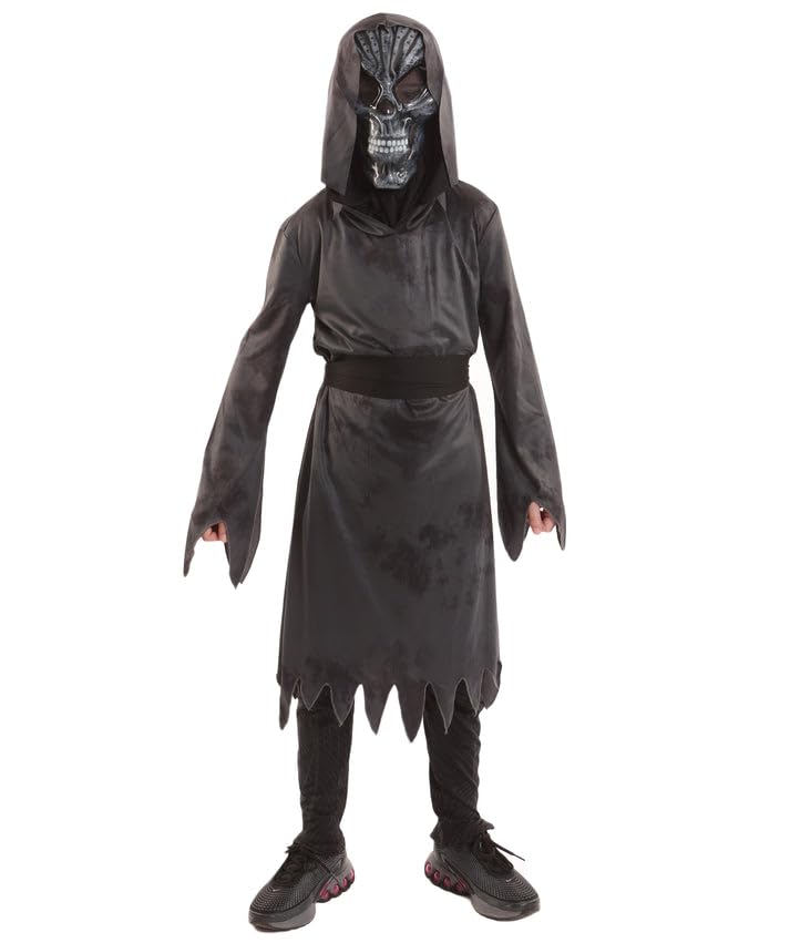 HPO Teen’s Ghost Face Dark Grey Reaper Costume - Hooded Robe with Tattered Sleeves & Creepy Details | Outfit for Halloween Cosplay Theater & Scary Roleplay - 5-6 Y