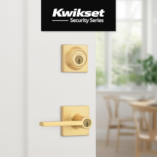 Image of Kwikset Casey Front Door Lock Handle and Deadbolt Set, Keyed Entry Combo Pack, Satin Brass, Pick Resistant SmartKey Rekey Deadbolt Security