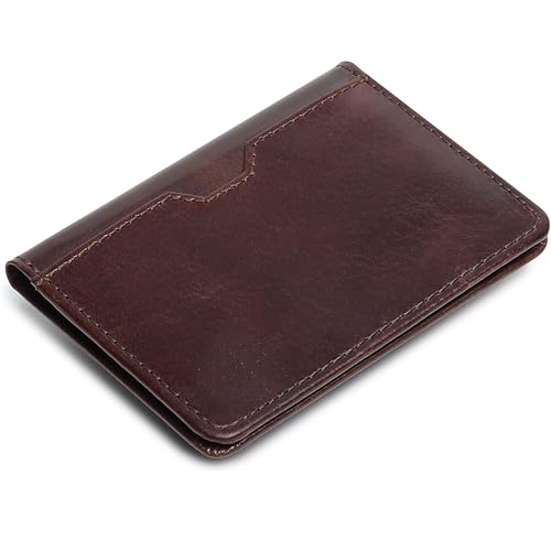Image of Contacts Genuine Leather Slim Card Wallet for Men | RFID Blocking Minimalist Front Pocket Wallet | Compact Bifold Card Holder with Cash Slot (Brown)