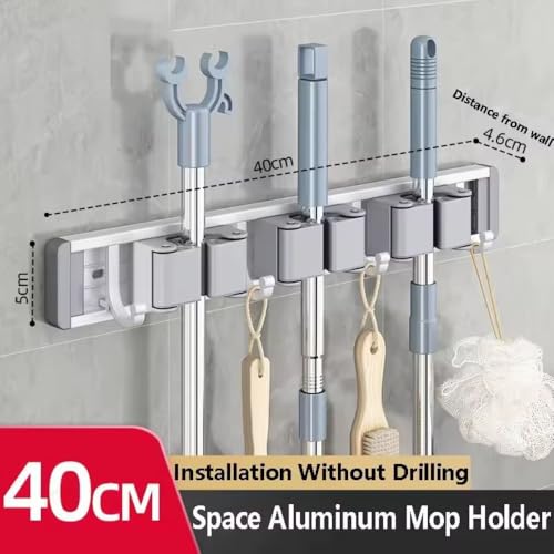 Image of STAR WORK Heavy-Duty Space Aluminum Wall Mop & Broom Holder, Waterproof Organizer with Dual Non-Slip Grips and Utility Hooks, No-Drill Adhesive Mount for Kitchen, Bathroom. (3 MOP HOLDER 4 HOOKS)