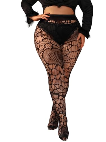 SHENHE Women's Plus Size Y2k Fishnet Tights Heart Patterned Hollow Out Ripped Pantyhose Stockings
