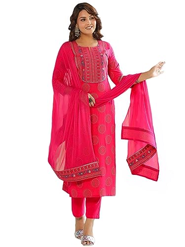 GoSriKi Women's Cotton Blend Printed Straight Kurta with Pant & D...