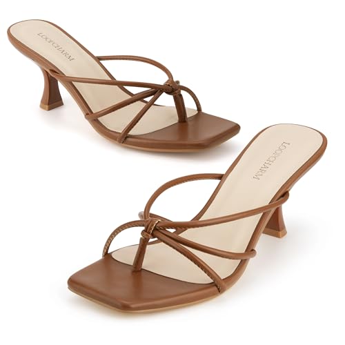 Image of Women's Strappy Square Open Toe Kitten Heel Thong Sandals Slip On Mule Style Dressy Summer Heels