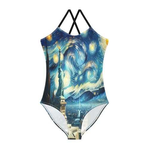 Statue of Liberty Starry Night One Piece Swimsuit Girls, Beach Swimwear, 3-10T Girls Athletic Swimsuit