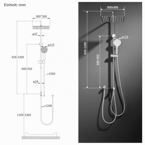 HOMELODY Regendusche Duschsystem ohne Armatu Chrom, 300 mm Eckig – Ansicht 2