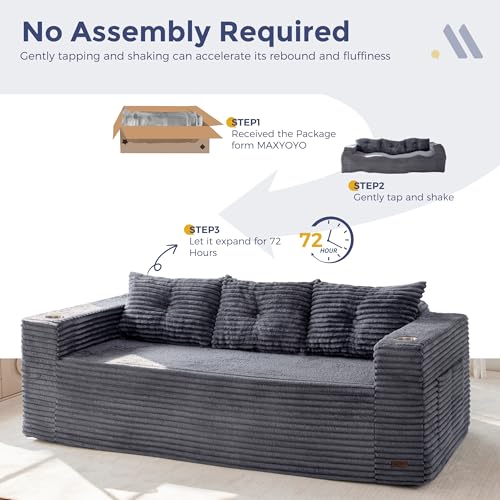 Image of MAXYOYO 79 inch Oversized Boneless Loveseat Sofa Couch for Small Spaces, Mini Love Seat Floor Couch with Cup Holders and Pillows, 3-Seater Upholstered Cloud Couch for Bedroom, No Assembly Required
