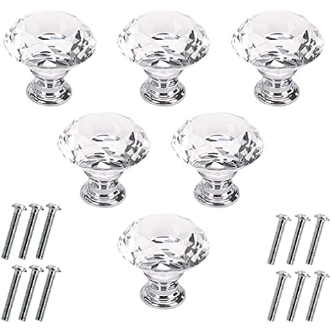 Akstore 6 Pcs Crystal Glass Cabinet Knobs 30mm Diamond Shape Drawer Kitchen Cabinets Dresser Cupboard Wardrobe Pulls Handles (30mm, Clear) Cover