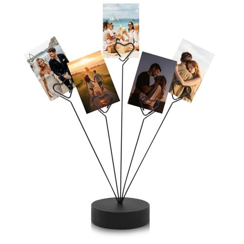 HINGTAI Black Tree Holder for Pictures Desk Photo Display Gift Tree Holder for Party Heart-Shaped Photo Stand Contains Five Clips Round Base Suitable as a Gift for Holidays Weddings or Work