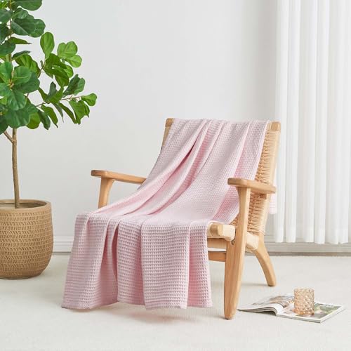 100% Cotton Pink Blanket King Size for Bed - Breathable and Soft, Waffle Weave for Summer Spring, 102x90 Inches (Blush).