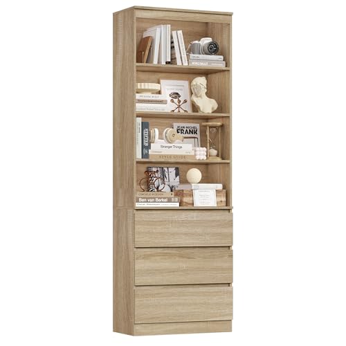 FirFurd 202cm Bibliotheque avec 3 Tiroirs Rangement Bibliothèque Meuble de Rangement, Armoire Haute Étagères Réglables pour Salon Bureau 202x60x35cm Chêne
