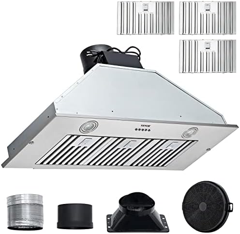 VEVOR Insert Range Hood, 800CFM 3-Speed, 36 Inch Stainless Steel Built-in Kitchen Vent with Push Button Control LED Lights Baffle Filters, Ducted/Ductless Convertible, ETL Listed