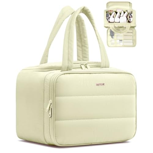 HOTOR Travel Toiletry Bag – Wide-Open Toiletry Bag for Women, Multi-Pocket Makeup Bag for Travel Essentials, Wet & Dry Separation Travel Accessories for Trip, Gym, 11.4″ x 5.9″ x 8.3″, Beige