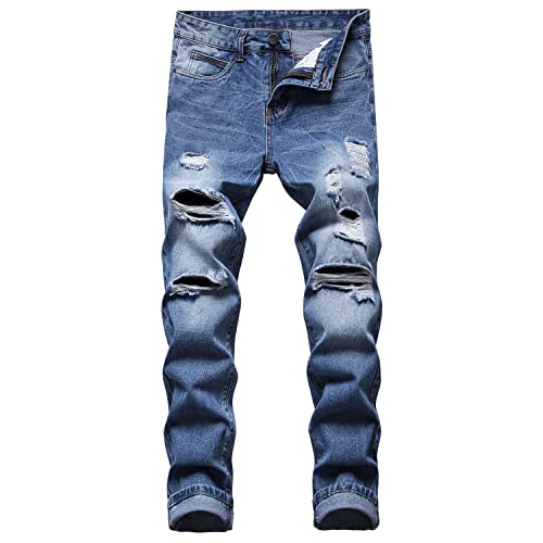 PrettyChic Men's Ripped Jeans Distressed Destroyed Straight Fit Slim Leg Denim Jean Pants, Dark Blue, 38