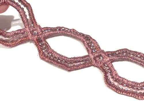 Rose Embroidered Trim Beaded 13" Hand Sewn Sequins Strip 1pc Pink Fabric