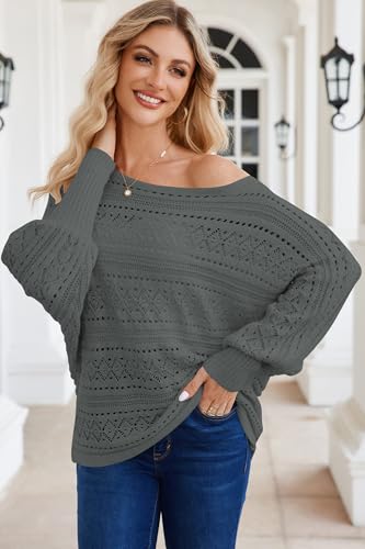 Image of Cakulo Womens Off Shoulder Crochet Sweater Top 2025 Fall Fashion Batwing Long Sleeve Sweaters Outfits Dark Grey S
