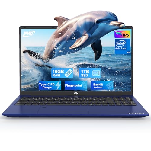 NIMO 15.6' Laptop FHD Computer: 16GB RAM, 1TB SSD, Win 11 Home, Intel N100 bis 3,4GHz, Fingerabdruckleser, 65W PD, Tastatur mit Hintergrundbeleuchtung, leichtes Notebook, Blau