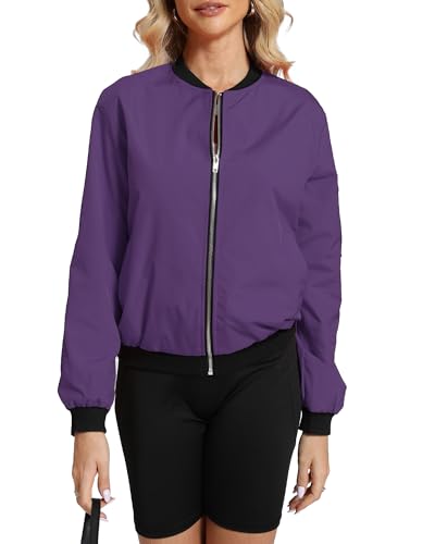 Argstar Womens Bomber Jacket Lightweight Casual Zip Up Outerwear Windbreaker with Pockets Purple L