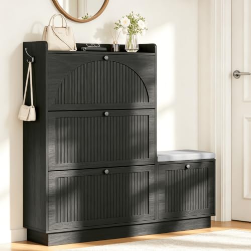 Image of Shoe Storage Cabinet with 2 Flip Drawers, Shoe Organizer Storage with Bench