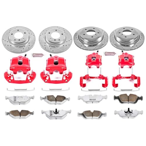 Image of PowerStop Front and Rear Brake & Caliper Kit for BMW 325xi 2001-05 - Drilled & Slotted Disc Rotors + Carbon-Fiber Ceramic Brake Pads + Red-Powder Coated Calipers, KC874-26