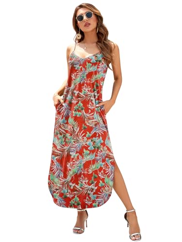 Image of HUSKARY Women's Summer Casual Sleeveless V Neck Strappy Split Loose Dress Beach Cover Up Long Cami Maxi Dresses with Pocket