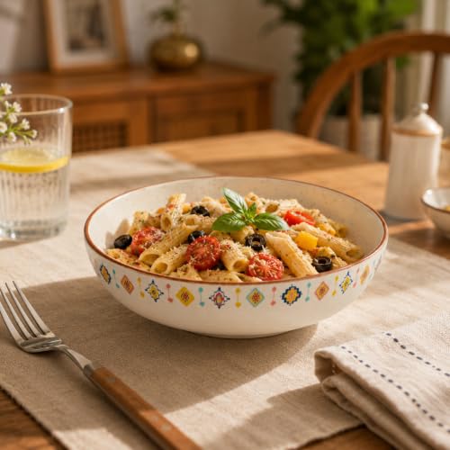 Image of Chumbak Farmhouse Pasta Bowl - 800ml Capacity, Hand-Painted Floral Design, Premium Ceramic Serving Bowl, Chip Resistant, Ideal for Pasta Salad & Everyday Dining, Home Decor Gift