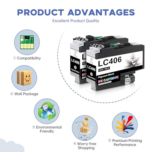 Image of Miss Deer LC406 Black Ink Cartridges, High Yield Compatible for Brother LC406XL LC406 Black Work for Brother MFC-J4335DW MFC-J4535DW MFC-J4335DW MFC-J5855DW MFC-J6555DW MFC-J6955DW Printer,2 Pack