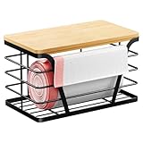 TIDIIABODE Small Grocery Bag Holder, Trash bag holder with Removable Bamboo Top, Wall Mount, No Drill, Stainless Steel, Black