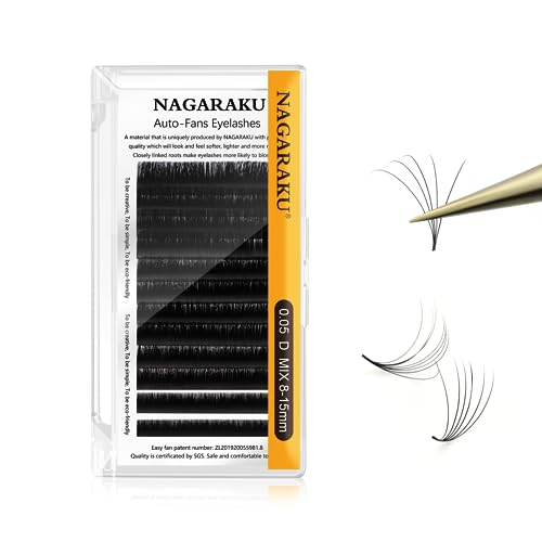 NAGARAKU Easy Fan Eyelash Extensions Volume Lash 0.05 D curl 8-15mm Mix Tray Rapid Blooming Faux Mink Cluster Easy Fanning Pestañas Soft Natural Lashes Supplies for Beginners & Professional Salon Use