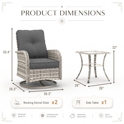 Image of 3-Piece Small Patio Furniture Set, Outdoor Swivel Rocking Chairs Set with Wicker Chairs and Tempered Glass Side Table, Outdoor Furniture Patio Bistro Set for Balcony, Deck, Porch