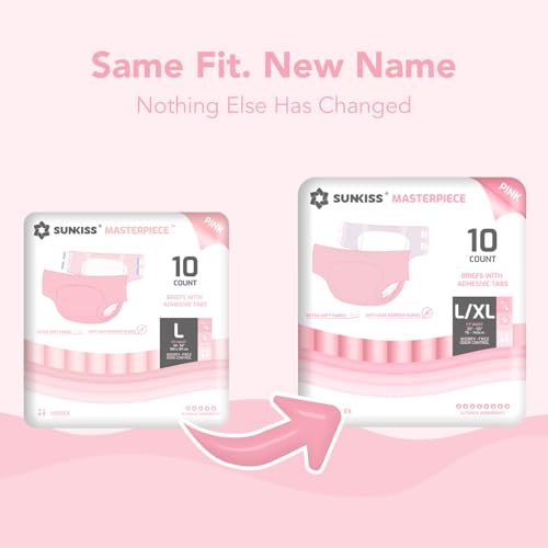 Image of SUNKISS Masterpiece Adult Diapers with Tabs, Unisex, L /XL, Pink, 40 Count | Ultra High Absorbency, Plastic-backed Briefs, Refastenable Tabs, Odor Control, Leak Protection for Daytime & Overnight Use