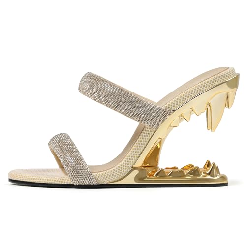 Image of Goiphrri Wedge Sandals for Women Strappy Heels Round Open Toe Heels Metallic Shark Tiger Teeth heeled Sandals Flip Flops Thong Womens Mules Slip on Party Dress Wedding Ceremony