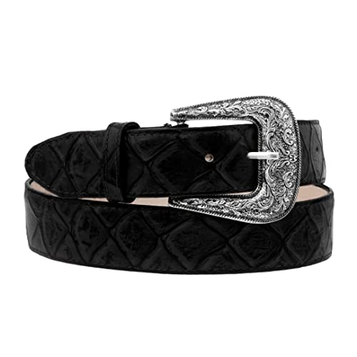 Texas Legacy Mens Black Pirarucu Fish Print Leather Western Cowboy Belt Dress Buckle