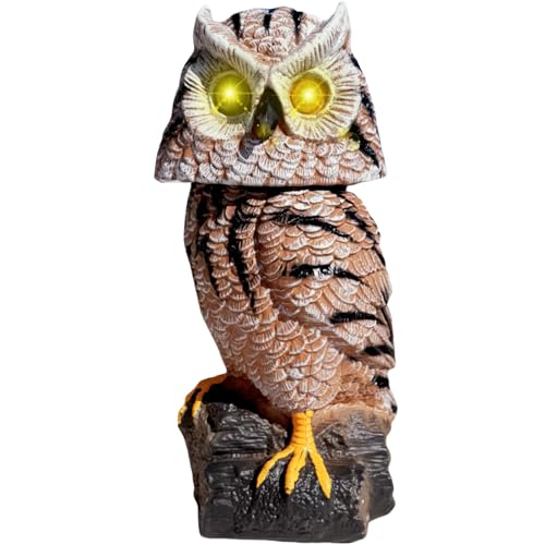 Owlsome Solar Tiger Owl with Flashing Eyes Rotating Head Hoot Sound Motion Detector and Silent Mode Plastic Owl Garden Sculpture Garden Decoration