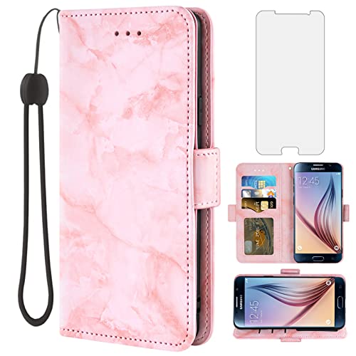 Asuwish Compatible with Samsung Galaxy S6 Case and Tempered Glass Screen Protector Cell Card Holder Slot Kickstand Marble Wallet Phone Cover for Glaxay S 6 Gaxaly 6s Galaxies GS6 SM-G920V G920A Pink