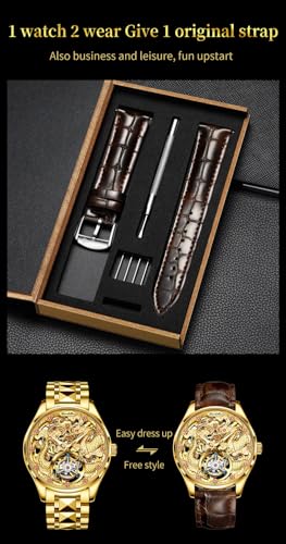 Image of OLEVS Men Automatic Watch Skeleton Luxury Gold Original Dress Mechanical Self Winding Sapphire Crystal Real Leather and Interchangeable Tungsten Steel Band Wrist Watch for Men