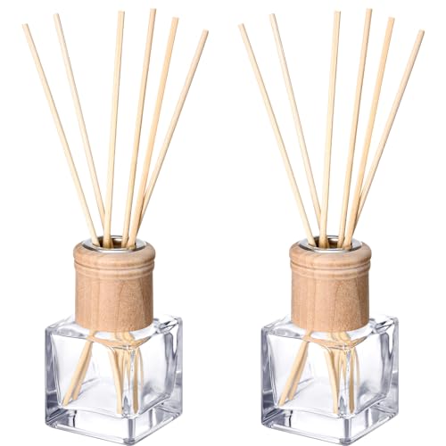 Roshtia 2 Set Reed Diffuser Bottle Empty Refillable Fragrance Glass Diffuser Bottles with Wooden Caps Rattan Sticks 50ml 1.7 oz Square Glass Jars for DIY Fragrance