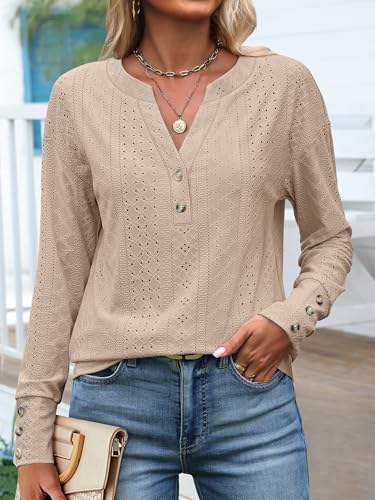 ANRABESS Womens Eyelet Tops Long Sleeve Henley Shirts Business Dressy Casual Blouse Vacation T-Shirt 2025 Fall Outfits