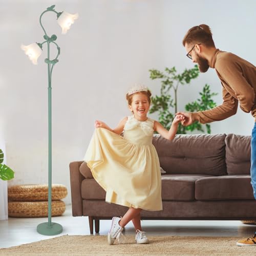 Image of HMVPL Flower Floor Lamp for Living Room, Vintage Floor Lamp with 2 LED 5W Blubs, Foot Switch, Green Standing Lamp with Acrylic Shade, Unique Floral Tall Lamp for Living Room Bedroom Corner Office