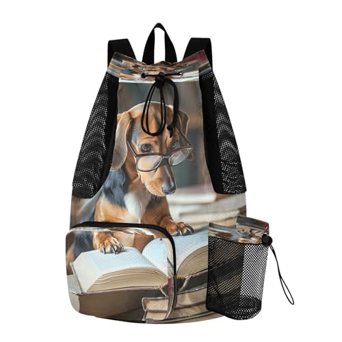 Mesh Gym Swimming Bags for Men & Women, Cute Funny Reading Dog Large Drawstring Backpack with Dry-Wet Pocket, Lightweight Gym Bag for Sports, Travel, Beach, Workout Gear