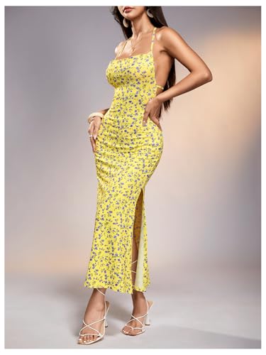 Image of Floerns Women's Summer Blackless Floral Print Halter Neck Midi Dress Light Yellow Medium