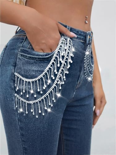 Cyparel Women's Butt Lifting Skinny Jeans High Waisted Rhinestone Fringe Trim Denim Pants2