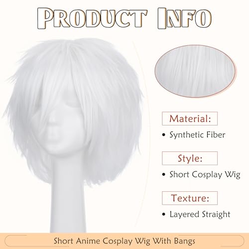Image of S-noilite Unisex Short White Cosplay Wigs Fluffy Shaggy Wig Short Straight Pixie Wigs for Women Mens for Anime Party Comic Costume Party Heat Resistant Synthetic Hair Wig White