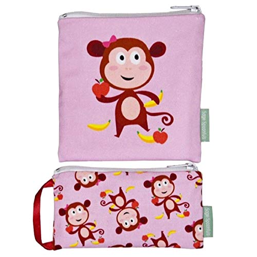 Sage Spoonfuls Snackie and Munchie Reusable Sandwich and Snack Bags - Set of 2 - Monkey - Cotton Exterior, Free of BPA, Phthalate, Lead and PVC