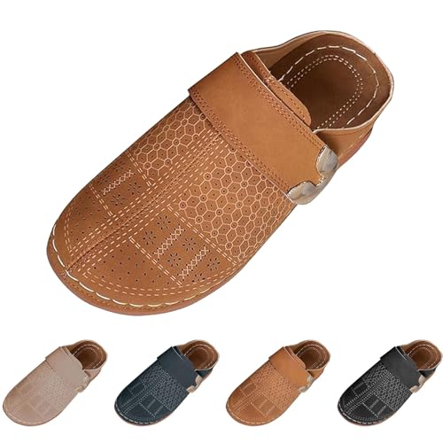 Zuecos y mulas de cuero para mujer, sin espalda, para verano, playa, ligeras, transpirables, hollwo out, sandalias de playa de verano con correa trasera metálica ajustable, Brown, 37 1/3 EU