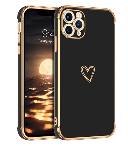 GUAGUA Case for iPhone 11 Pro, Cute Heart Pattern Cover for Women Girl, Luxury Electroplate Edge Bumper with Camera Protection & 4 Corners Shockproof Protection for iPhone 11 Pro Case 5.8", Black