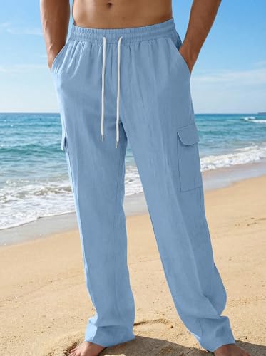 Image of Men's Linen Pants Casual Cargo Pants with Pockets Lightweight Elastic Waist Drawstring Pants Baggy Beach Pants