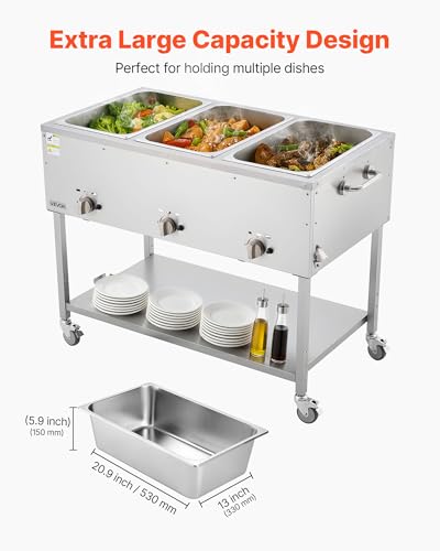 Image of VEVOR 3-Pan Commercial Propane Steam Table, LP Gas Outdoor Soup Warmer with Drain Valve and 3 inch Wheels, Stainless Steel Propane Food Warmer with Independent Temp Control, for Restaurant Outdoor Camping