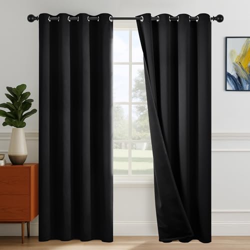 Deconovo Cortinas Opacas 100% Bloqueo de Luz - Cortinas de Salón con Anillas y Aislamiento Térmico - Cortinas de Protección Acústica y contra el Calor, 140×270 CM, Negro, 2 Paneles
